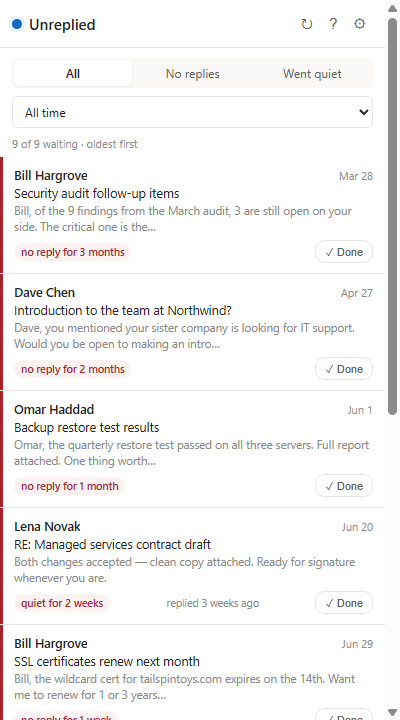 Unreplied task pane listing sent emails with no reply, oldest first