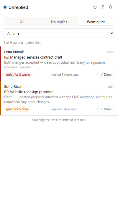 The Went quiet tab showing conversations that stalled after your last message